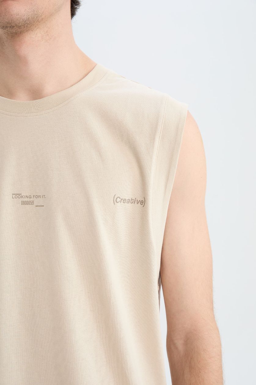 MAN Beige Boxy Fit Printed Crew Neck Cotton Tank Top