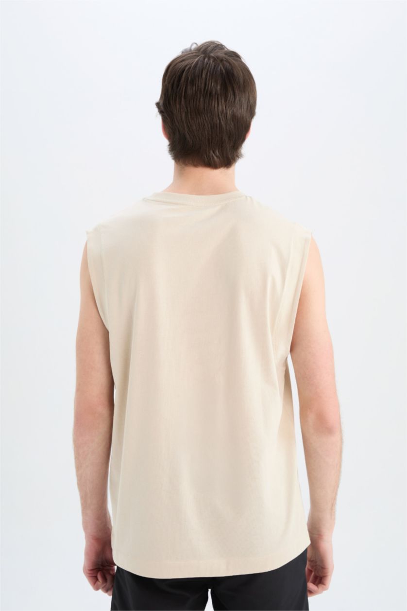 MAN Beige Boxy Fit Printed Crew Neck Cotton Tank Top