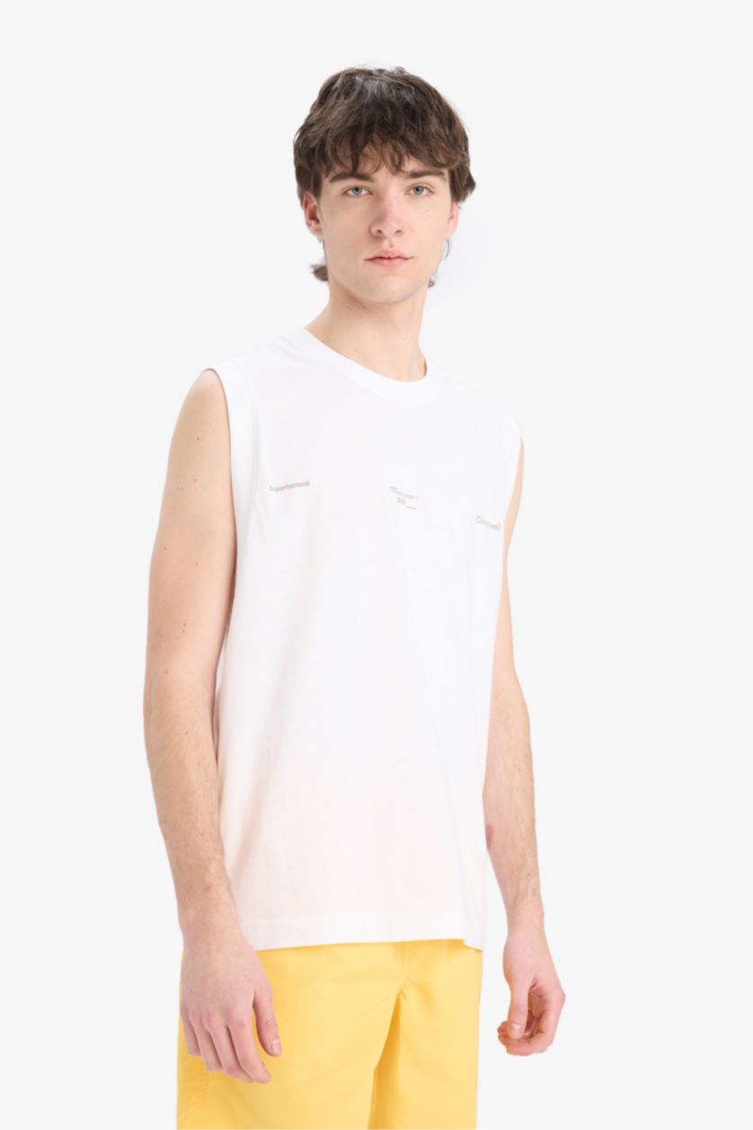 Erkek Beyaz %100 Pamuk Boxy Fit Baskılı Bisiklet Yaka Atlet