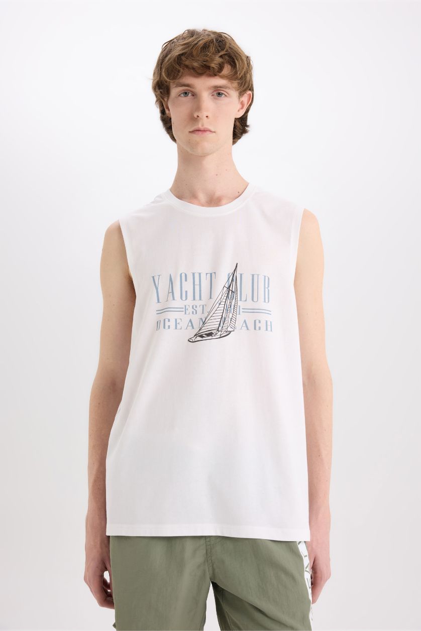 Erkek Beyaz %100 Pamuk Regular Fit Bisiklet Yaka Baskılı Atlet