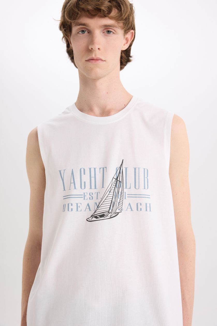 Erkek Beyaz %100 Pamuk Regular Fit Bisiklet Yaka Baskılı Atlet