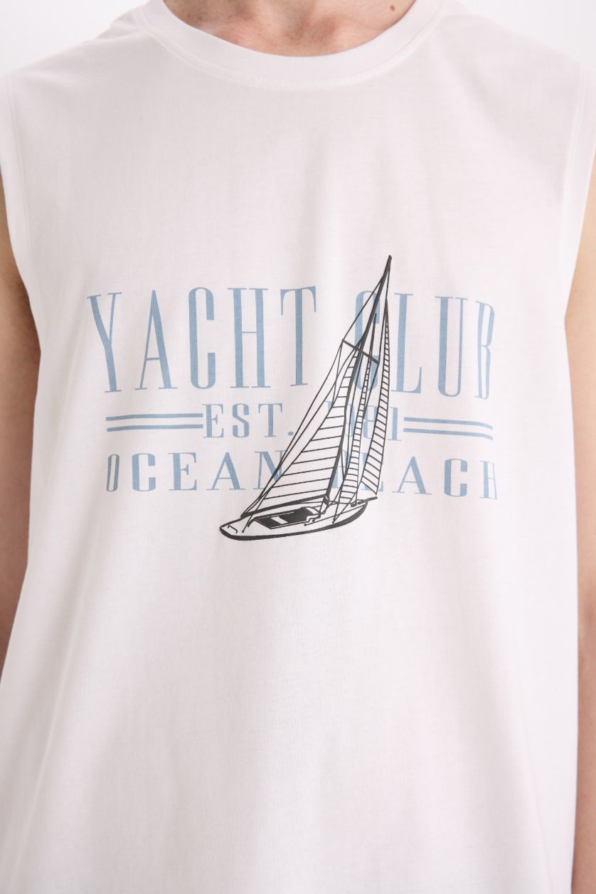 Erkek Beyaz %100 Pamuk Regular Fit Bisiklet Yaka Baskılı Atlet