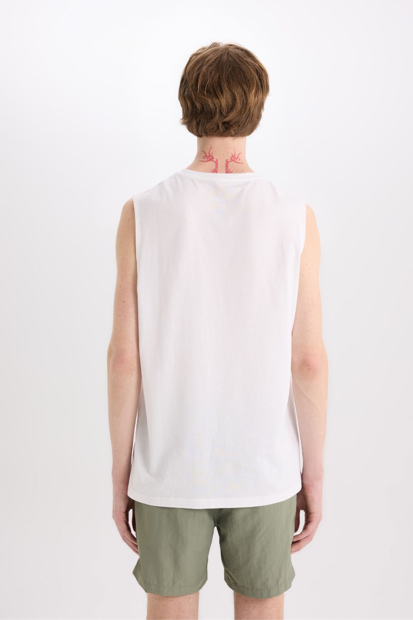 Erkek Beyaz %100 Pamuk Regular Fit Bisiklet Yaka Baskılı Atlet