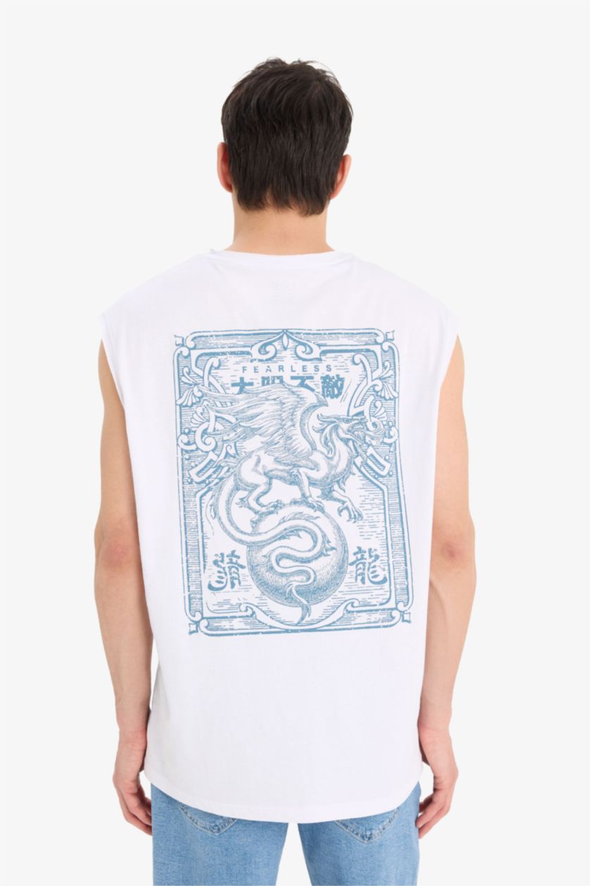 Erkek Violet Beyaz %100 Pamuk Boxy Fit Bisiklet Yaka Sırt Baskılı Atlet