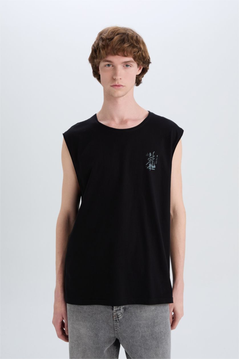 Erkek Siyah %100 Pamuk Boxy Fit Bisiklet Yaka Sırt Baskılı Atlet