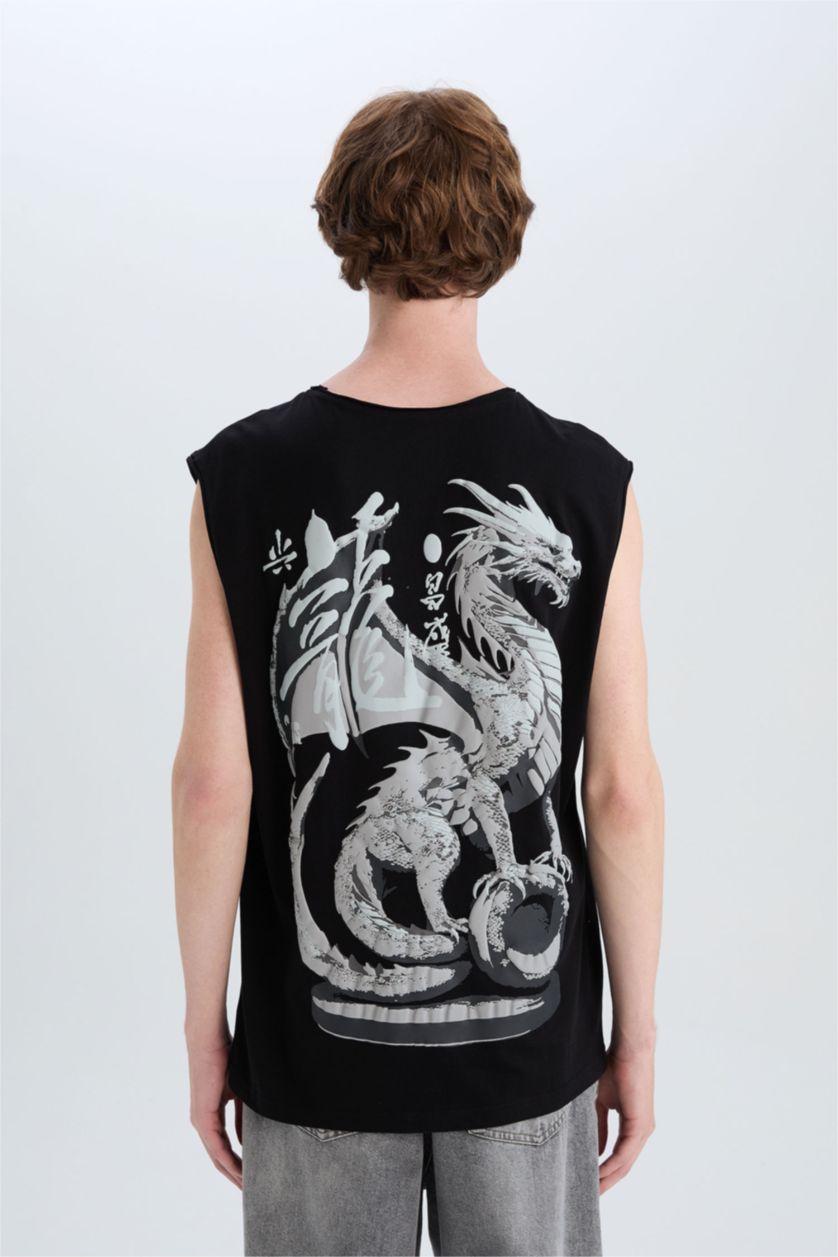 Erkek Siyah %100 Pamuk Boxy Fit Bisiklet Yaka Sırt Baskılı Atlet