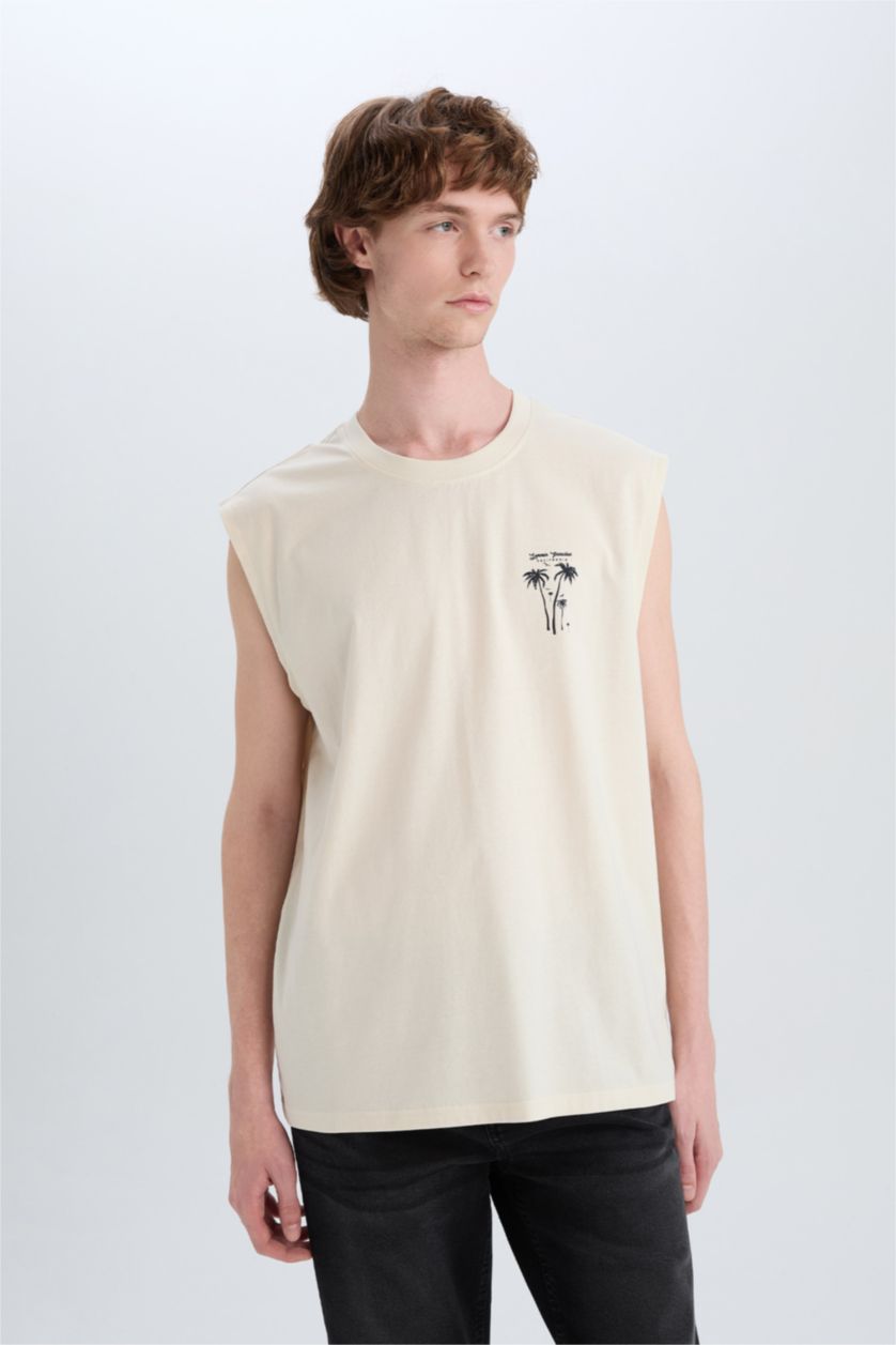 MAN Sand Boxy Fit Printed Crew Neck Cotton Tank Top