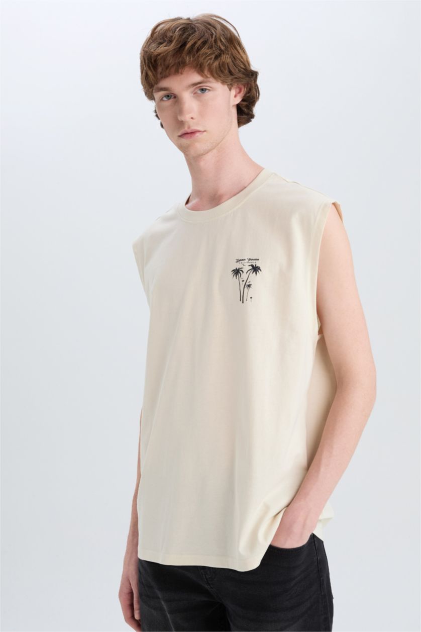 MAN Sand Boxy Fit Printed Crew Neck Cotton Tank Top