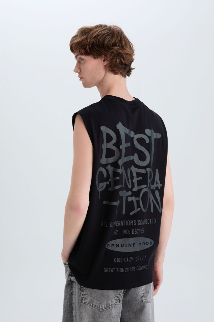 Erkek Siyah %100 Pamuk Boxy Fit Bisiklet Yaka Sırt Baskılı Atlet