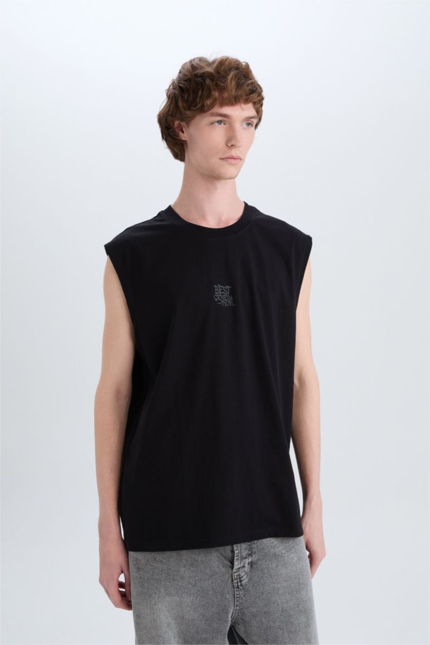 Erkek Siyah %100 Pamuk Boxy Fit Bisiklet Yaka Sırt Baskılı Atlet