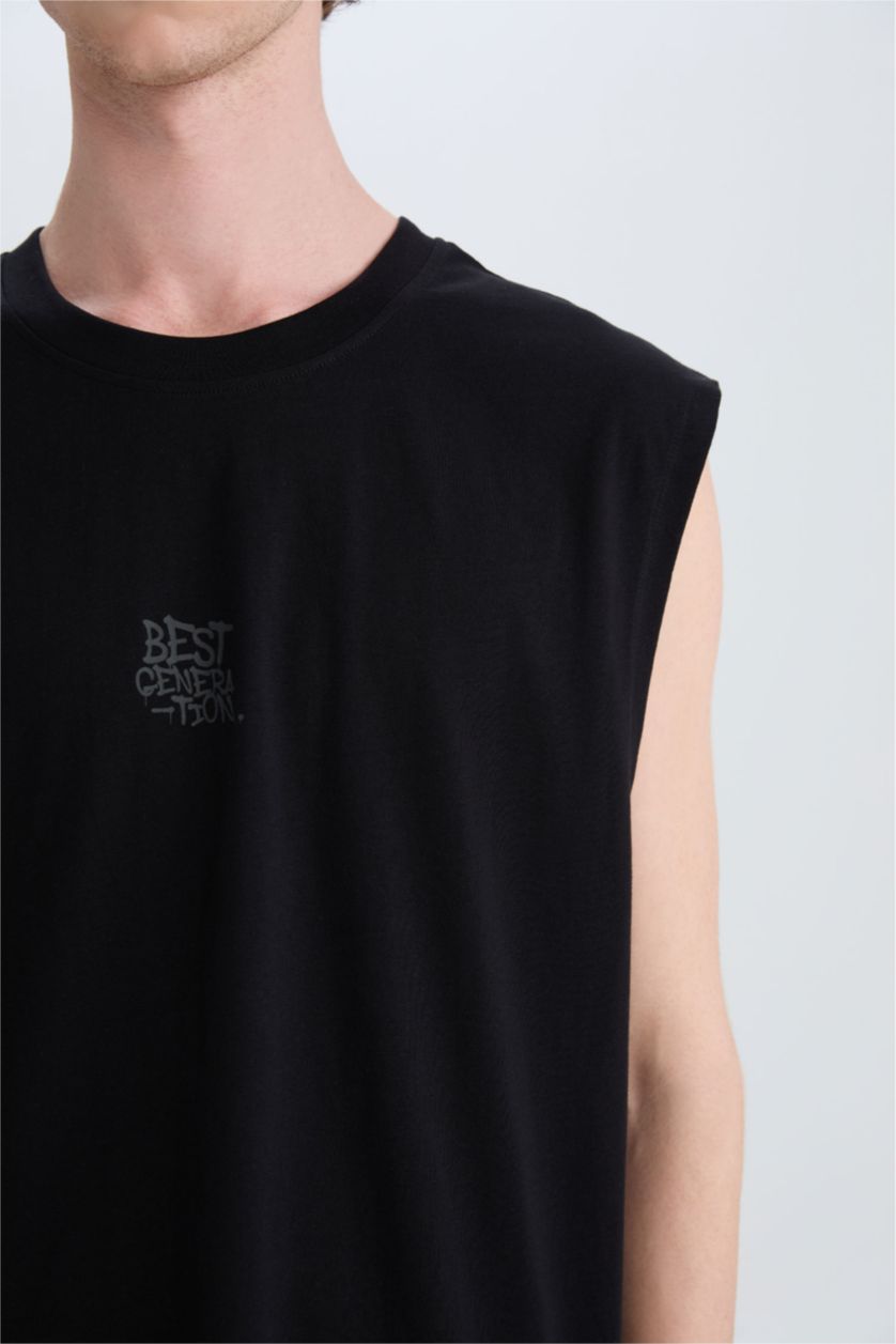 Erkek Siyah %100 Pamuk Boxy Fit Bisiklet Yaka Sırt Baskılı Atlet