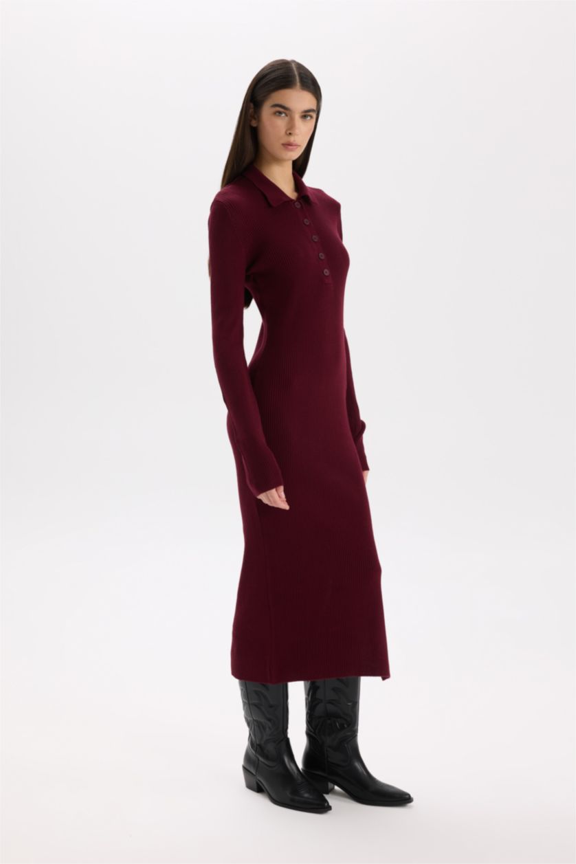 Kadın Bordo Fitted Polo Yaka Basic Düz Yırtmaçlı Uzun Kollu Triko Bordo Elbise