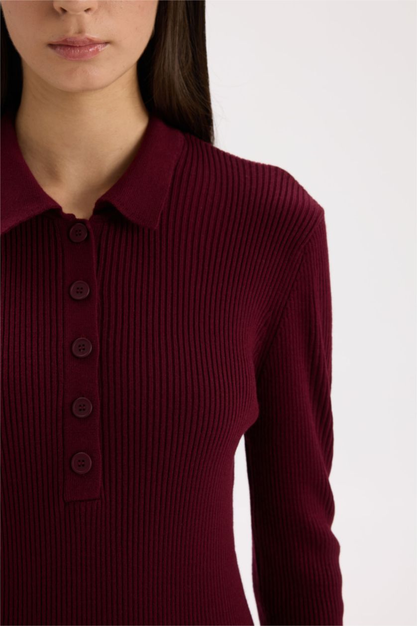 Kadın Bordo Fitted Polo Yaka Basic Düz Yırtmaçlı Uzun Kollu Triko Bordo Elbise