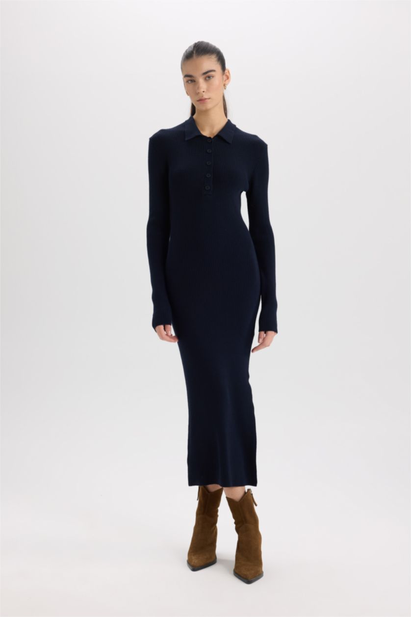 نساء كحلي فستان مضلع سليم فيت بياقة بولو