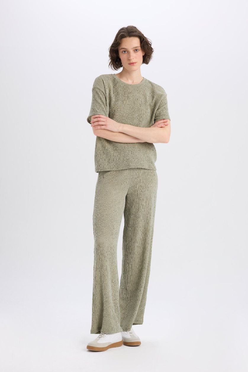 FEMME Kaki Clair Pantalon large à jambes bouffantes en tissu plissé