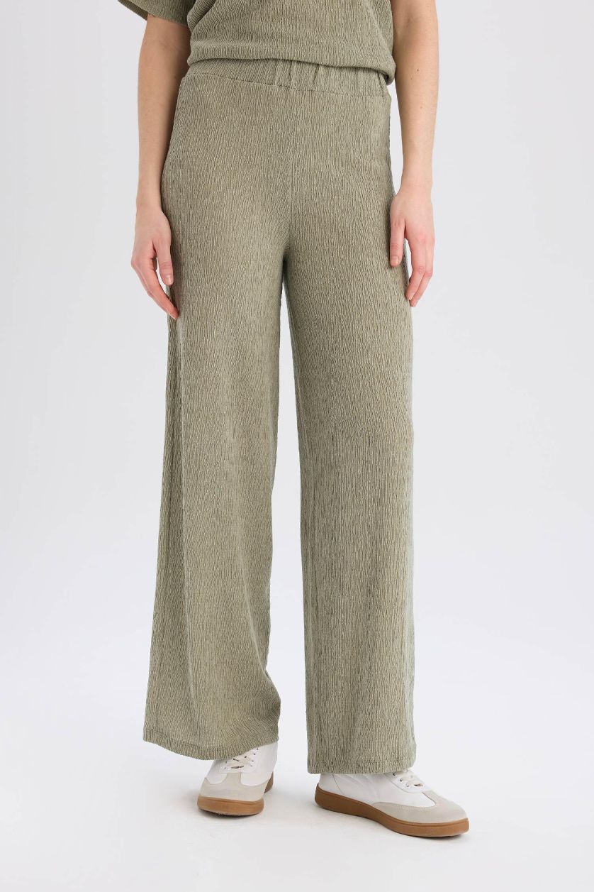 FEMME Kaki Clair Pantalon large à jambes bouffantes en tissu plissé