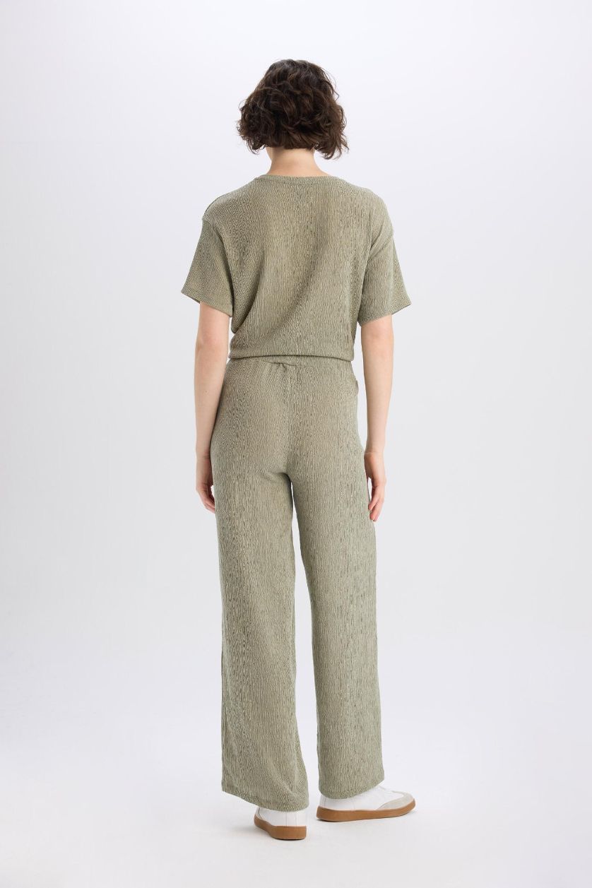 FEMME Kaki Clair Pantalon large à jambes bouffantes en tissu plissé