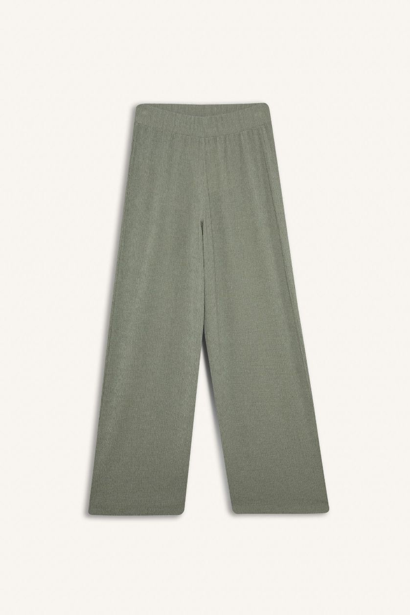 FEMME Kaki Clair Pantalon large à jambes bouffantes en tissu plissé