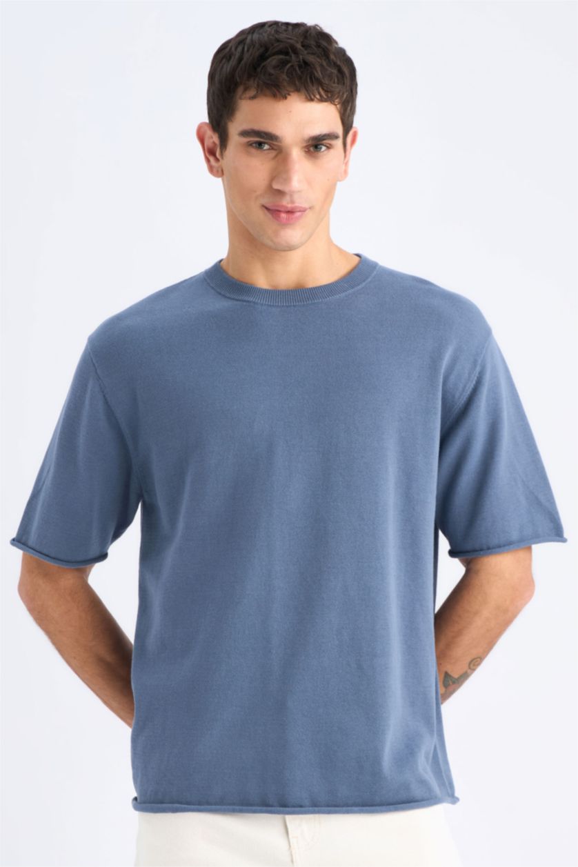 رجال نيلي فاتح تيشيرت تريكو قطن نص ردن اوفر سايز