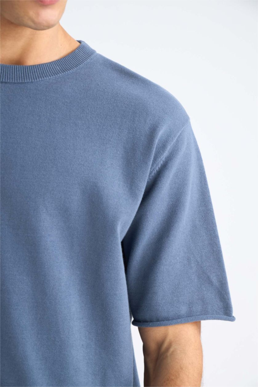 رجال نيلي فاتح تيشيرت تريكو قطن نص ردن اوفر سايز