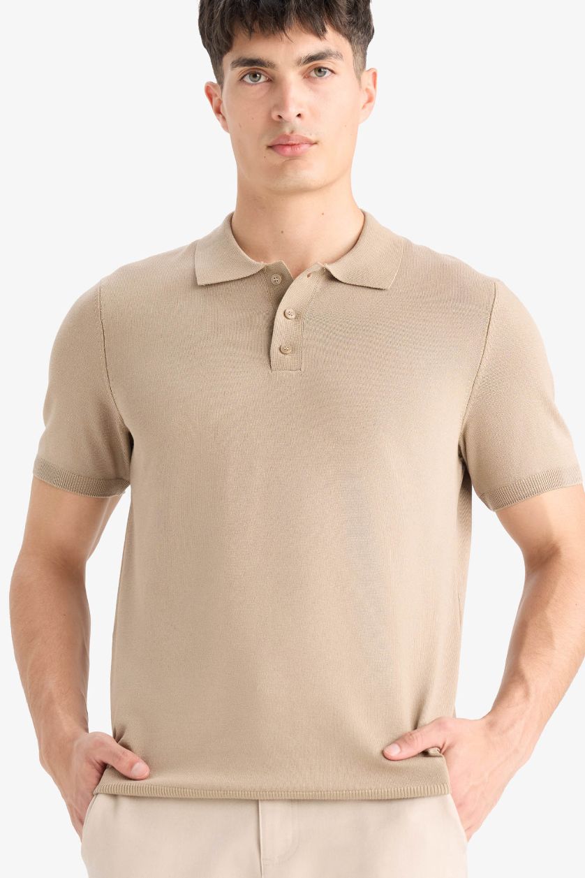 Erkek Açık Vizon Standart Fit Polo Yaka Kısa Kollu Triko Tişört