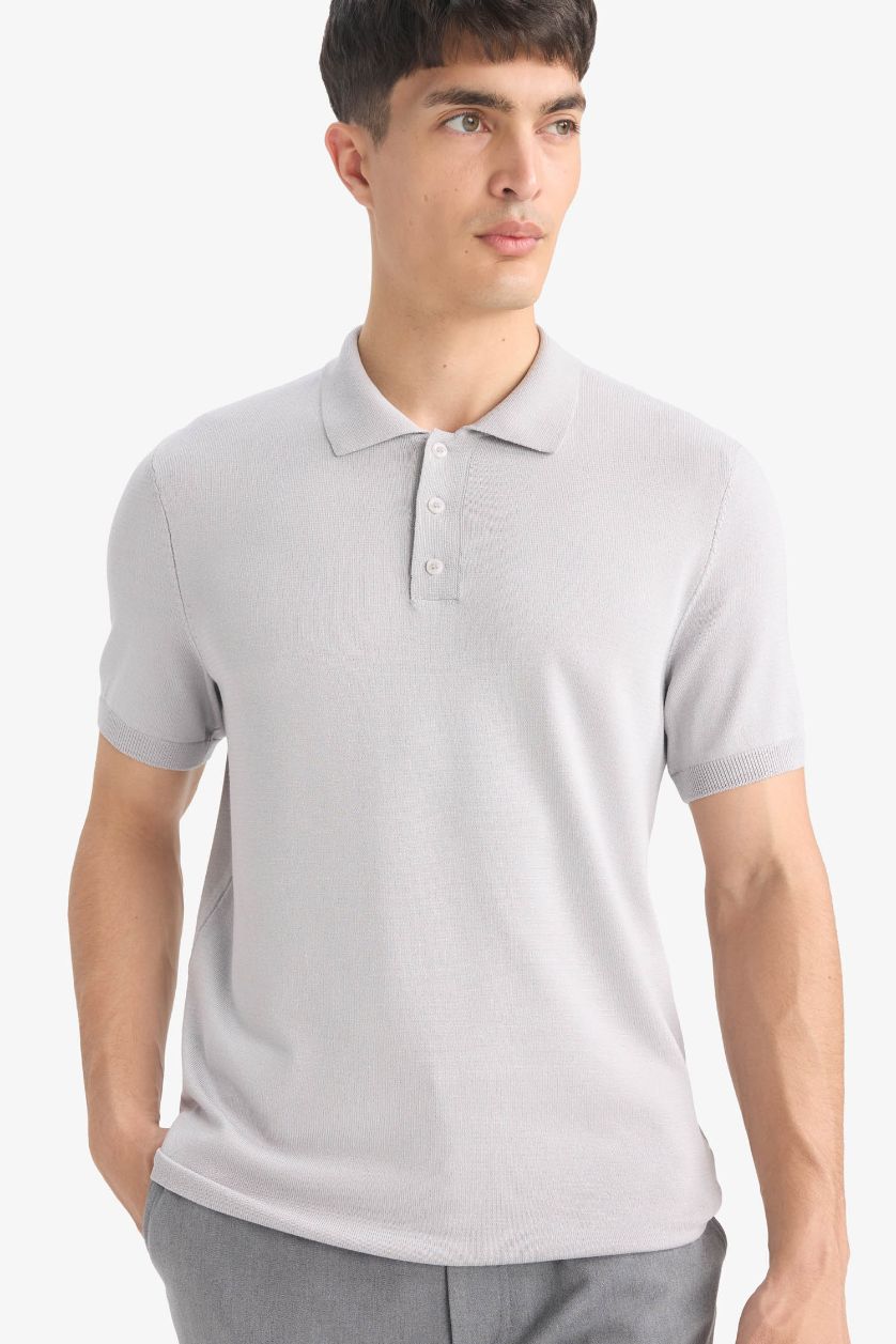 Erkek Gri Standart Fit Polo Yaka Kısa Kollu Triko Tişört