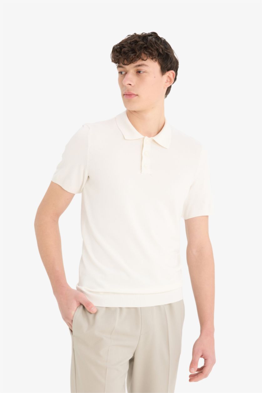 Erkek Kırık Beyaz Standart Fıt Triko Kısa Kollu Polo Tişört
