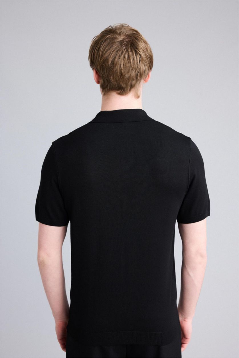 Erkek Siyah Standart Fıt Polo Yaka Triko Kısa Kollu Polo Tişört