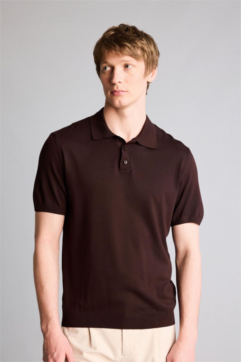 Erkek Kahve Standart Fıt Polo Yaka Triko Kısa Kollu Polo Tişört