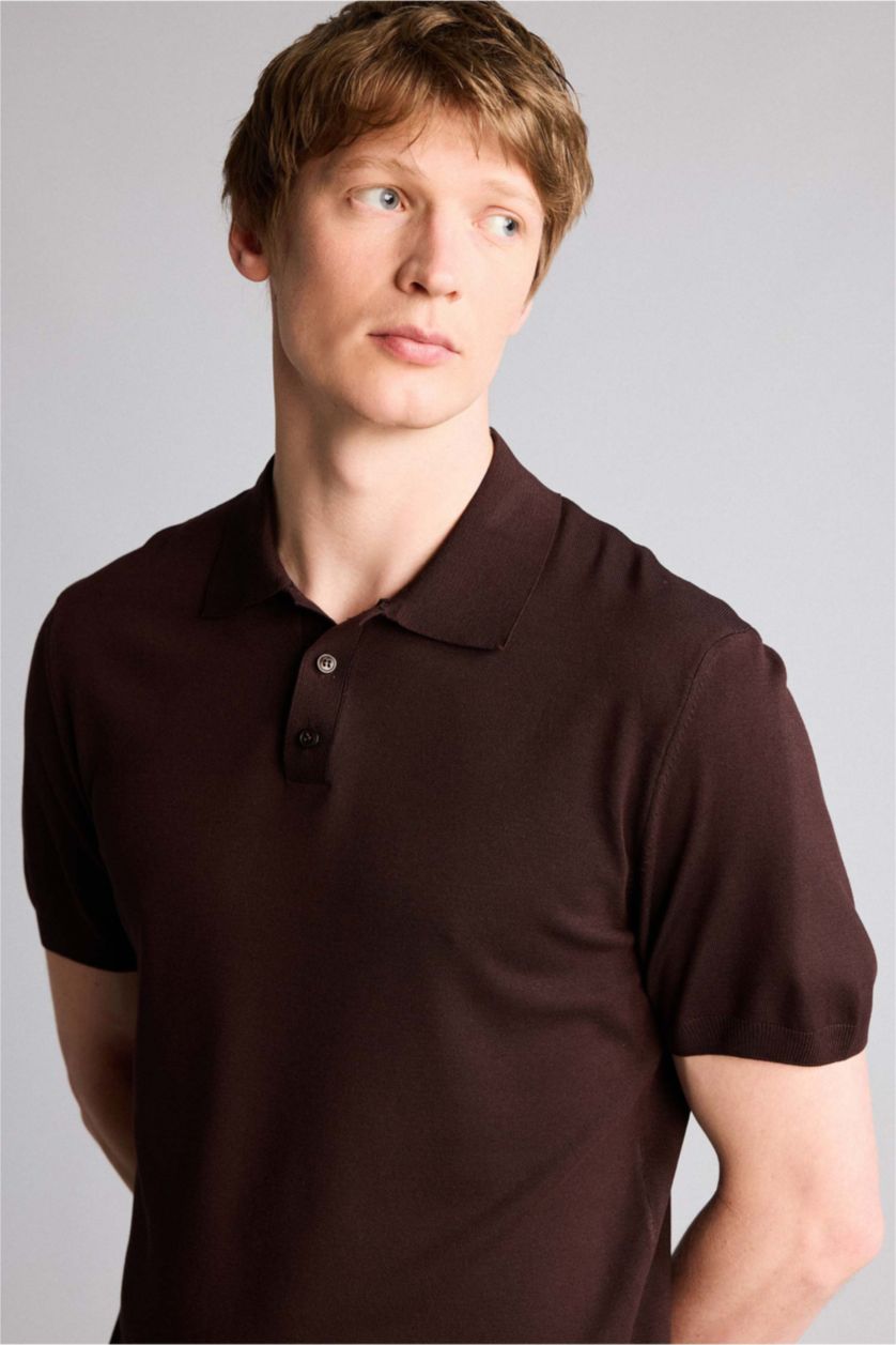 Erkek Kahve Standart Fıt Polo Yaka Triko Kısa Kollu Polo Tişört