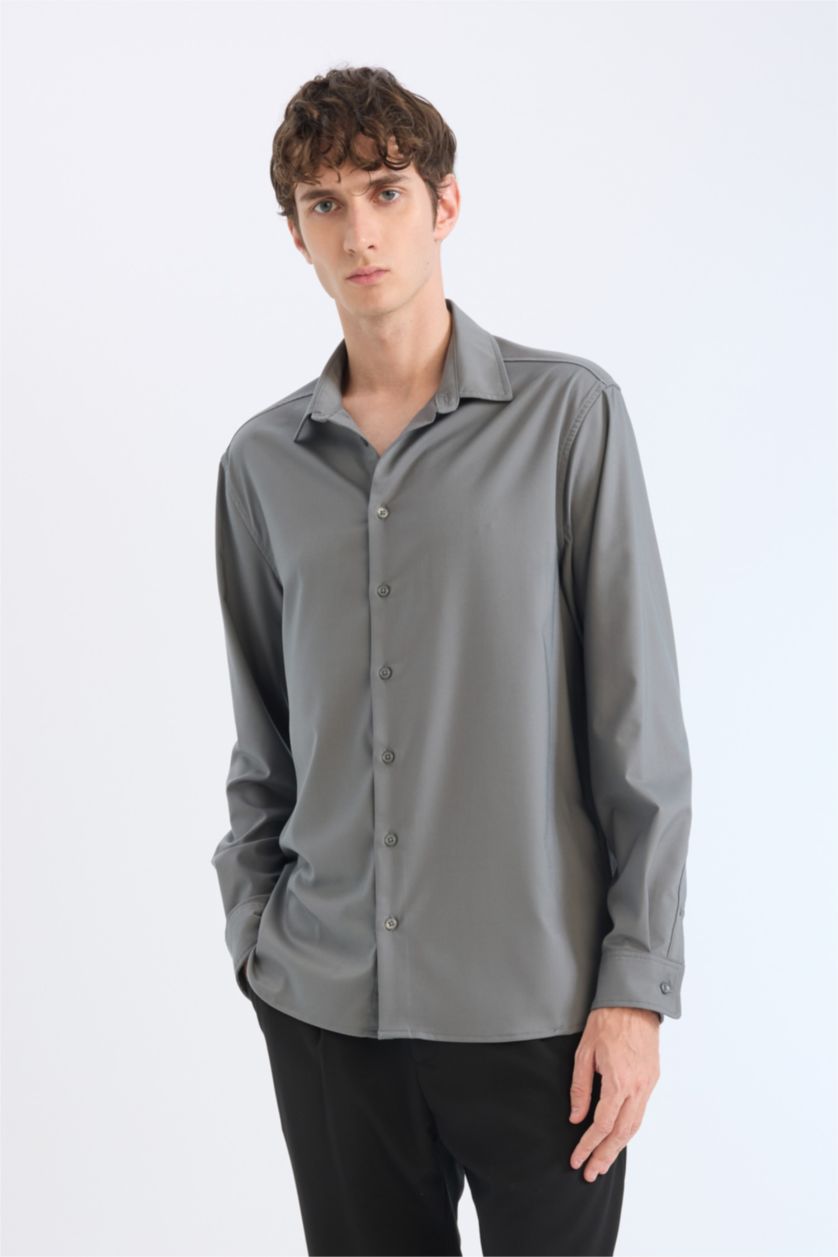 Erkek Haki Regular Fıt Polo Yaka Uzun Kollu Gömlek