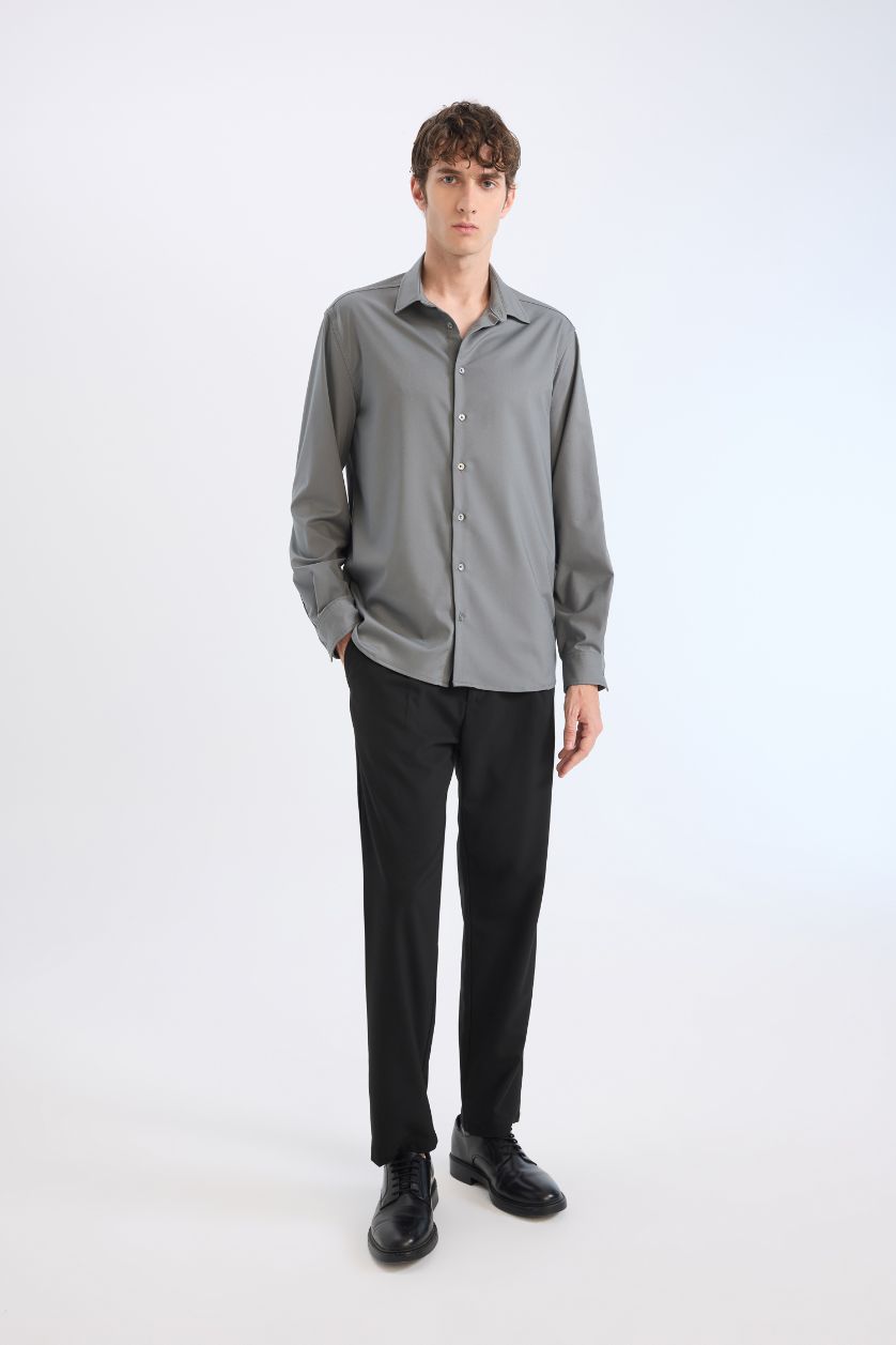 Erkek Haki Regular Fıt Polo Yaka Uzun Kollu Gömlek