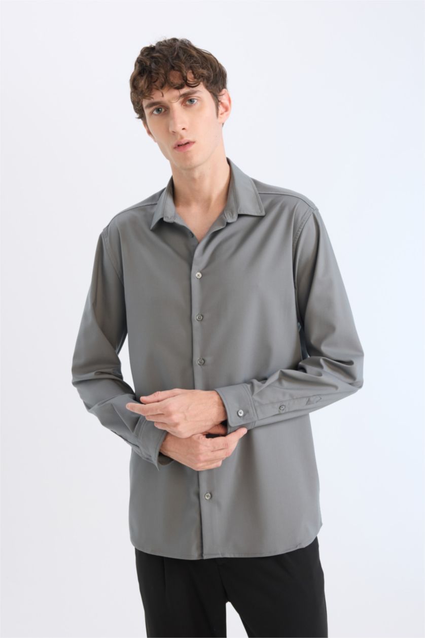 Erkek Haki Regular Fıt Polo Yaka Uzun Kollu Gömlek