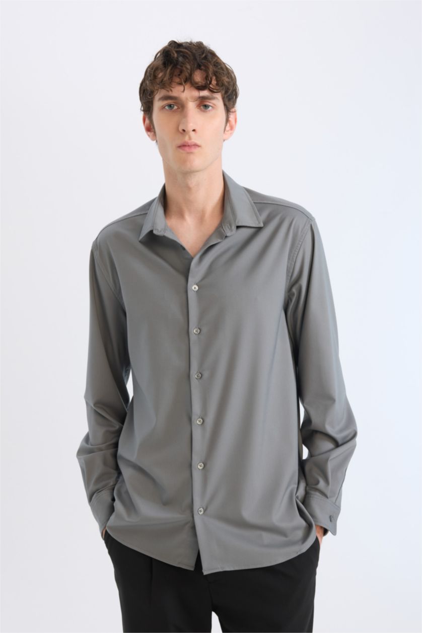 Erkek Haki Regular Fıt Polo Yaka Uzun Kollu Gömlek