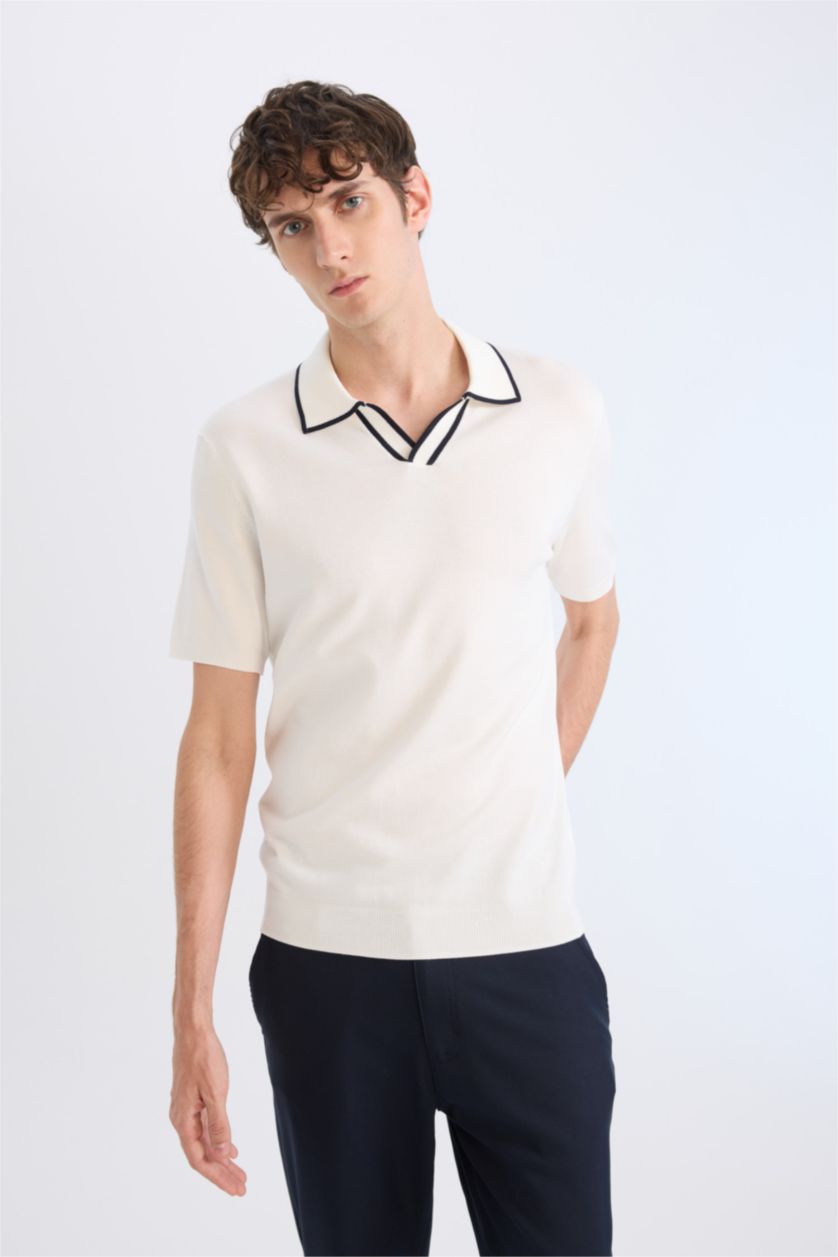 Man White Standard Fit Polo Collar Knitwear Polo T-Shirt