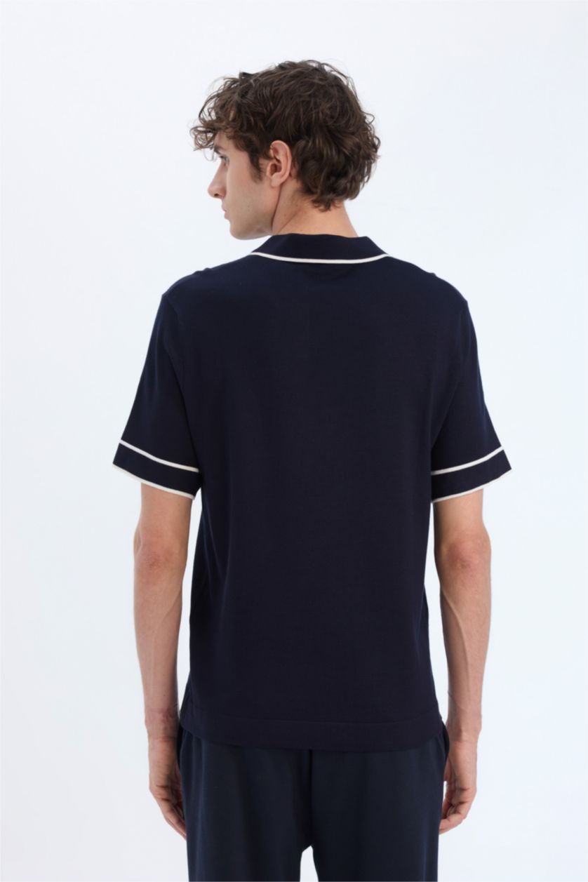 رجال كحلي تيشيرت بولو تريكو مخطط قصة عادية بياقة بولو