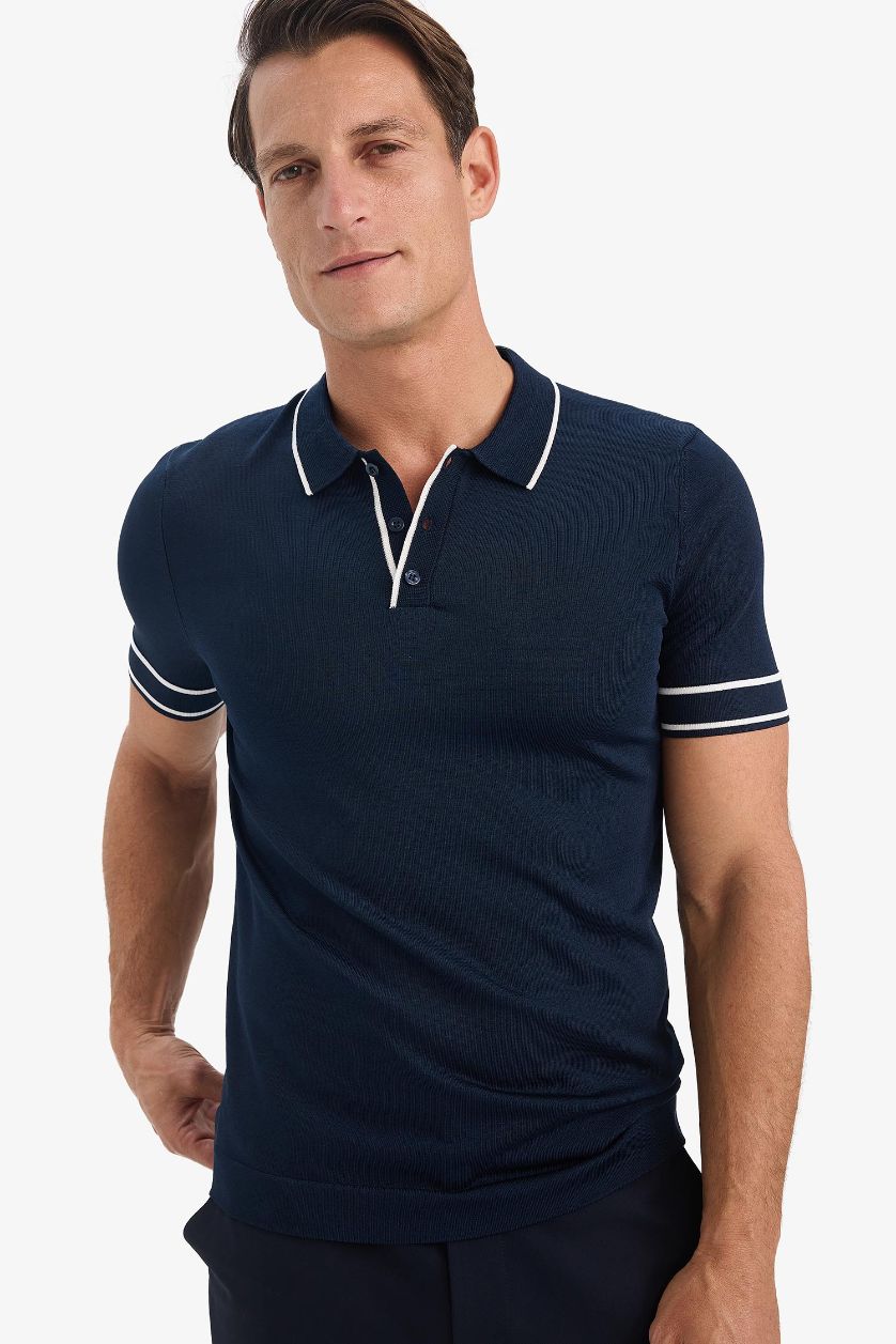 MAN NAVY Standard Fit Short Sleeve Knitwear Polo T-Shirt