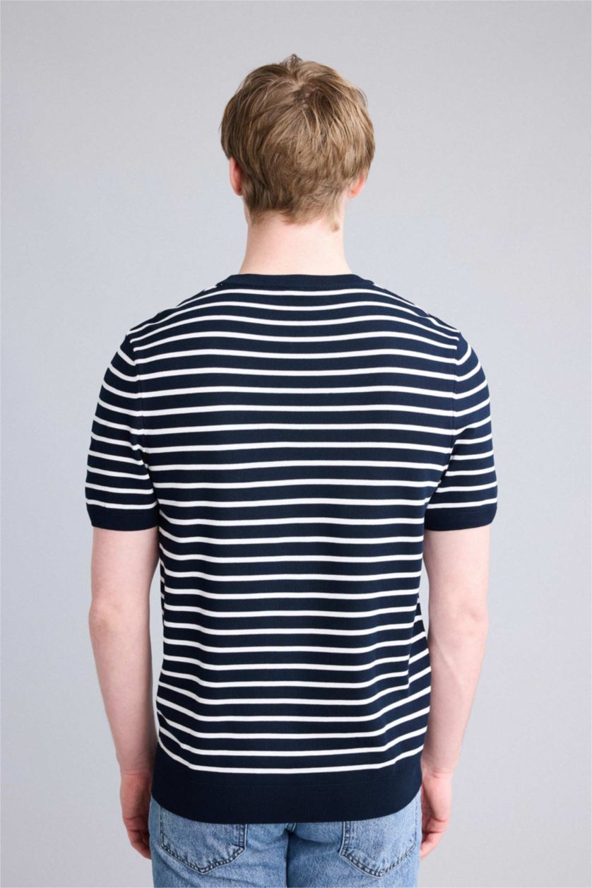 Erkek Lacivert Standart Fıt Bisiklet Yaka Triko Kısa Kollu Tişört