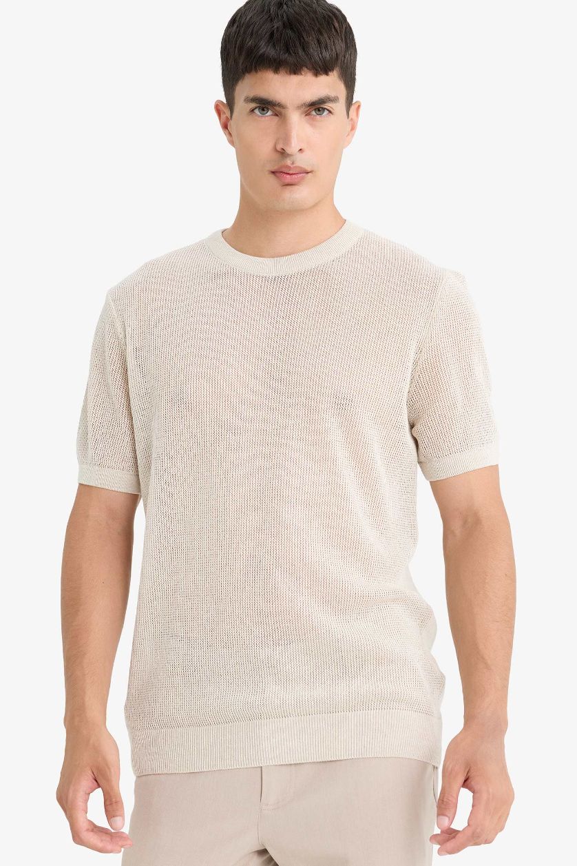 Erkek Açık Bej Melanj Standart Fıt Bisiklet Yaka Triko Kısa Kollu Tişört