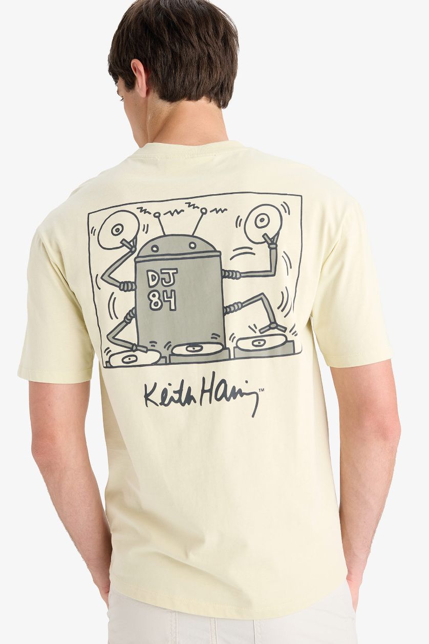 Erkek Taş %100 Pamuk Keith Haring Boxy Fit Bisiklet Yaka Sırt Baskılı Kısa Kollu Tişört