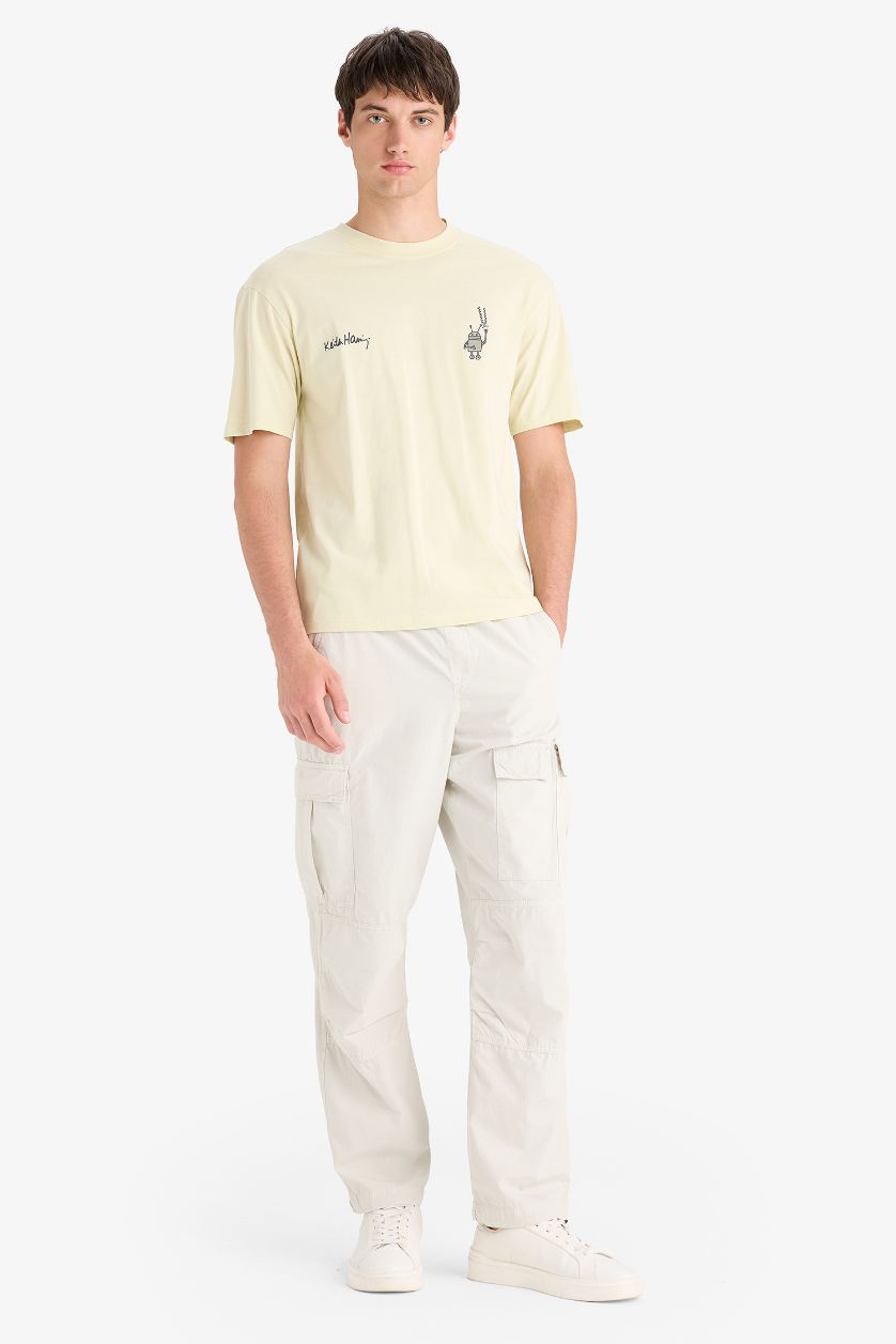 Erkek Taş %100 Pamuk Keith Haring Boxy Fit Bisiklet Yaka Sırt Baskılı Kısa Kollu Tişört