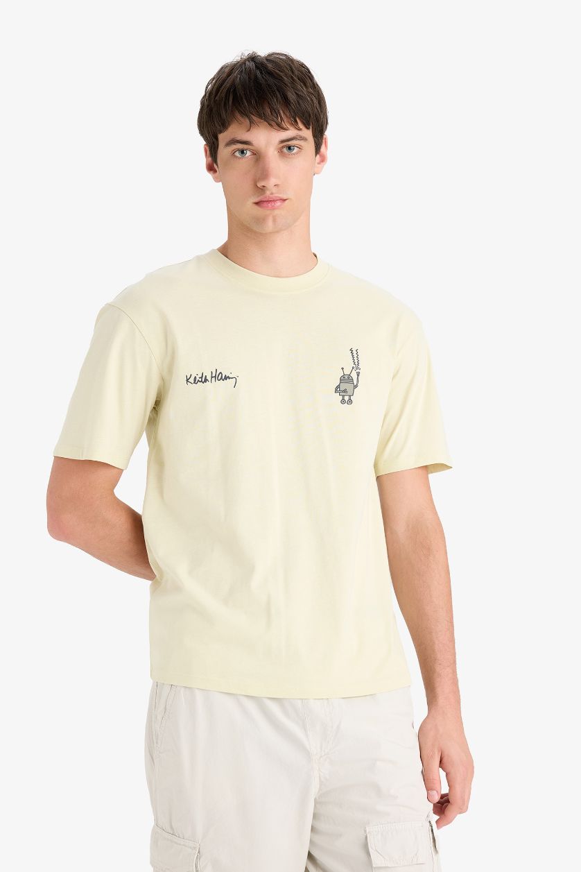 Erkek Taş %100 Pamuk Keith Haring Boxy Fit Bisiklet Yaka Sırt Baskılı Kısa Kollu Tişört