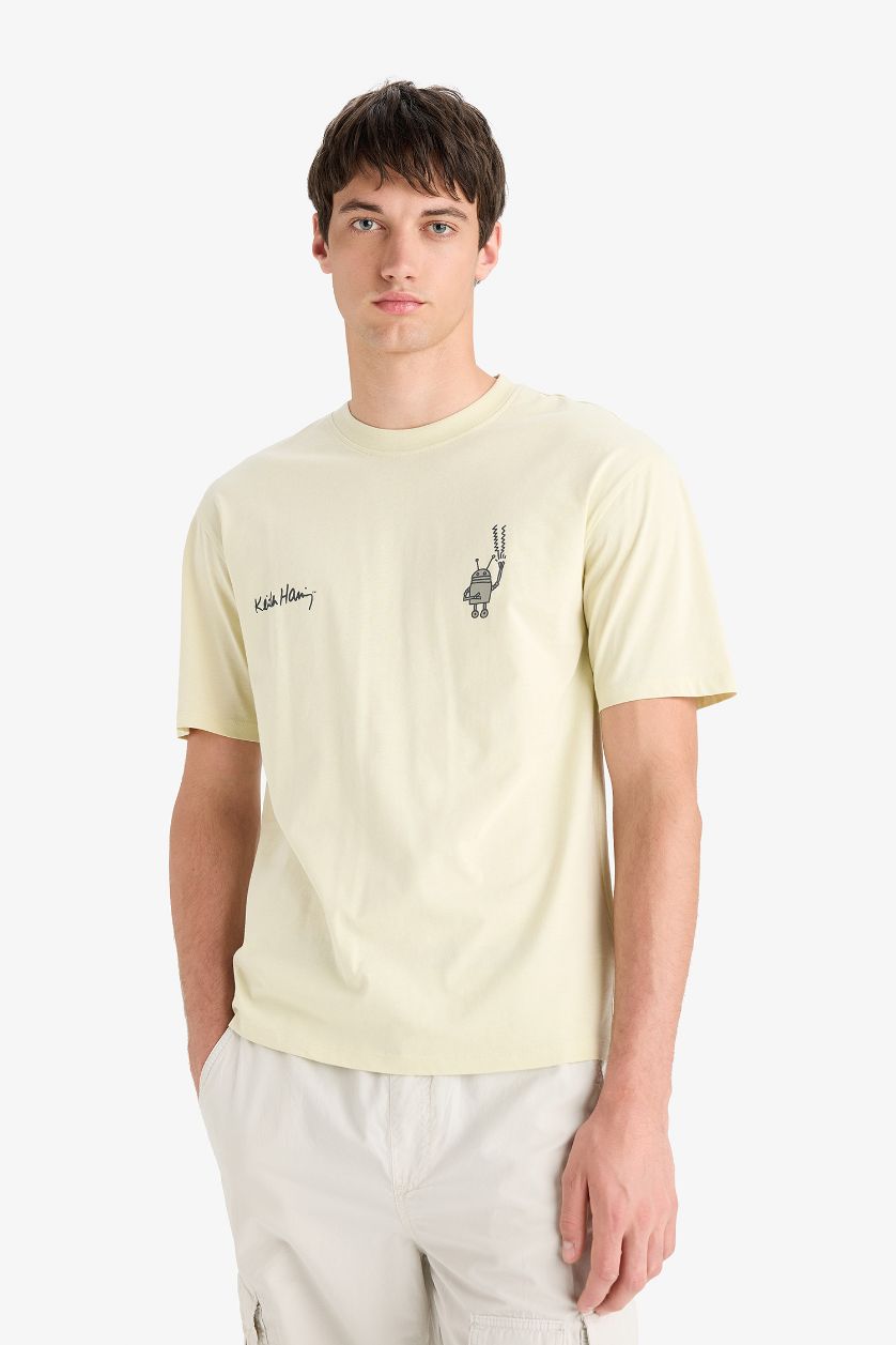 Erkek Taş %100 Pamuk Keith Haring Boxy Fit Bisiklet Yaka Sırt Baskılı Kısa Kollu Tişört