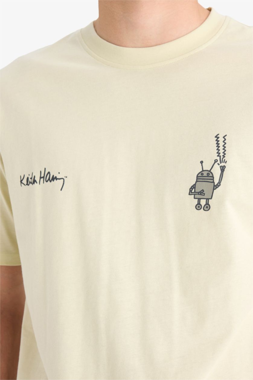 Erkek Taş %100 Pamuk Keith Haring Boxy Fit Bisiklet Yaka Sırt Baskılı Kısa Kollu Tişört