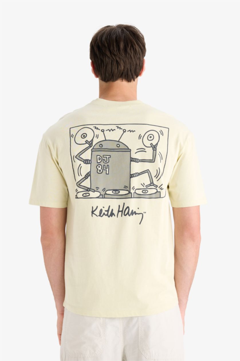 Erkek Taş %100 Pamuk Keith Haring Boxy Fit Bisiklet Yaka Sırt Baskılı Kısa Kollu Tişört