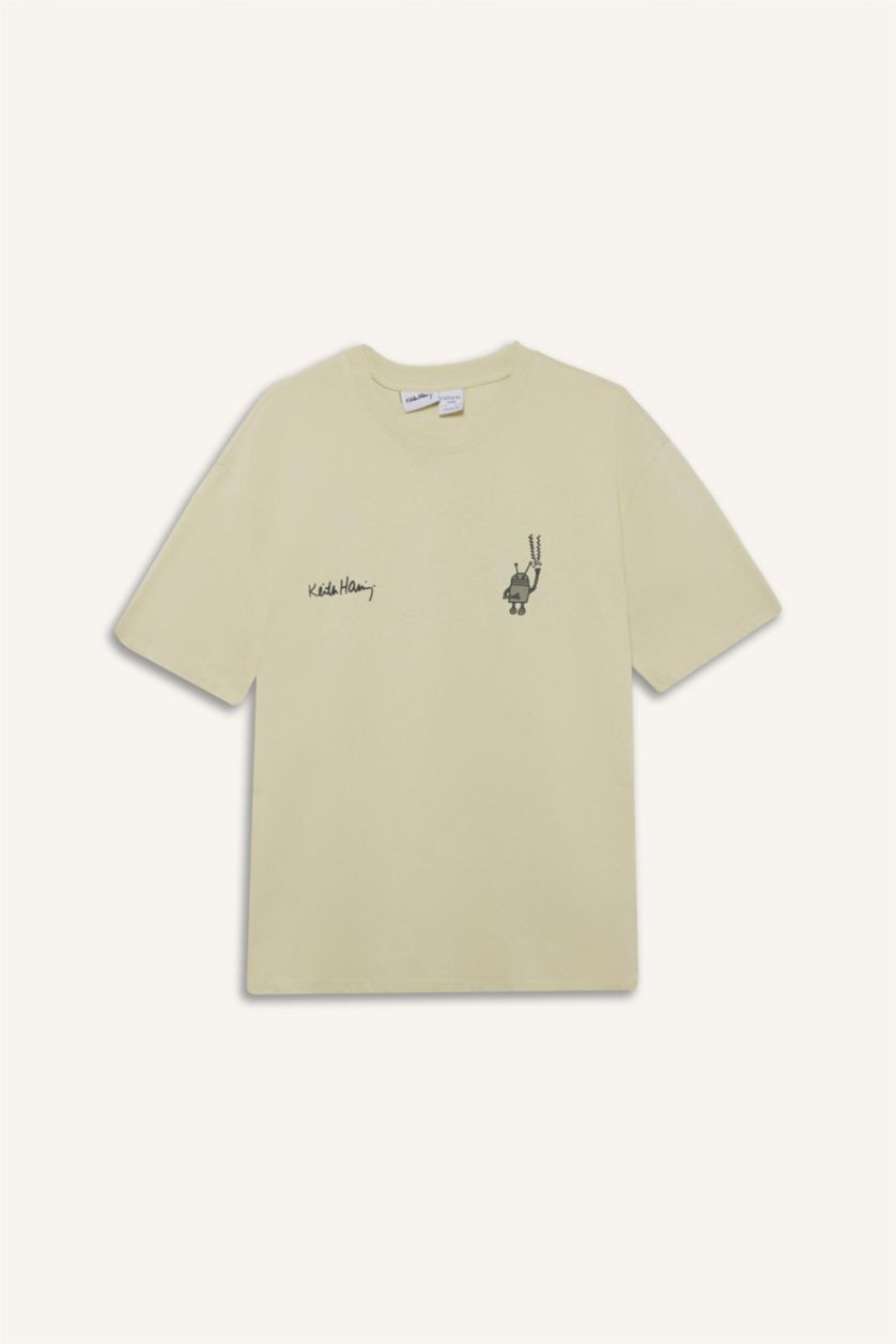 Erkek Taş %100 Pamuk Keith Haring Boxy Fit Bisiklet Yaka Sırt Baskılı Kısa Kollu Tişört