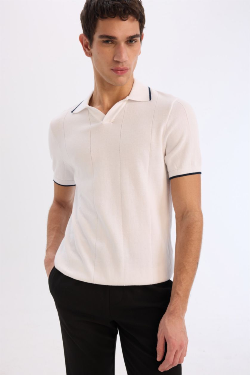 رجالي اوف وايت تيشيرت بولو تريكو نص كم قصة عادية