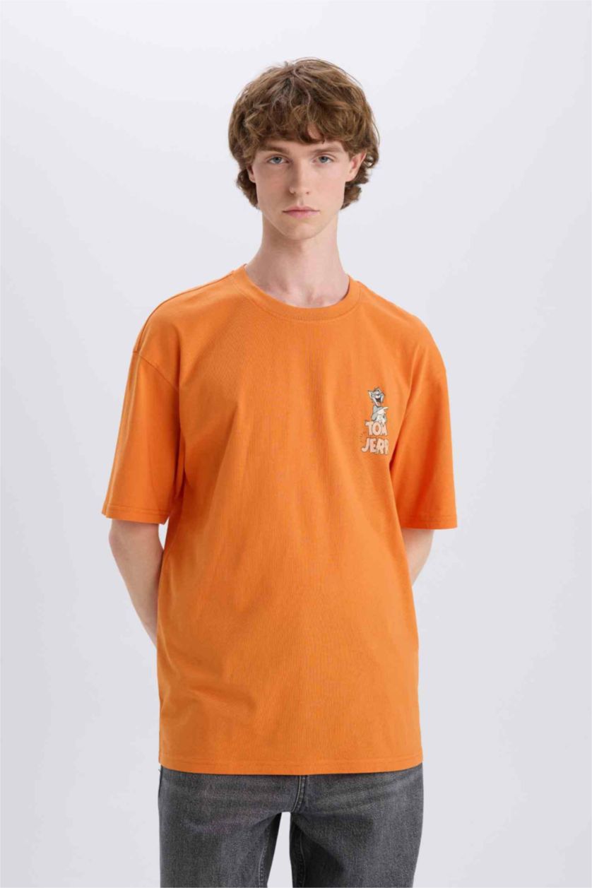 Erkek Turuncu %100 Pamuk Tom & Jerry Boxy Fit Bisiklet Yaka Sırt Baskılı Kısa Kollu Tişört