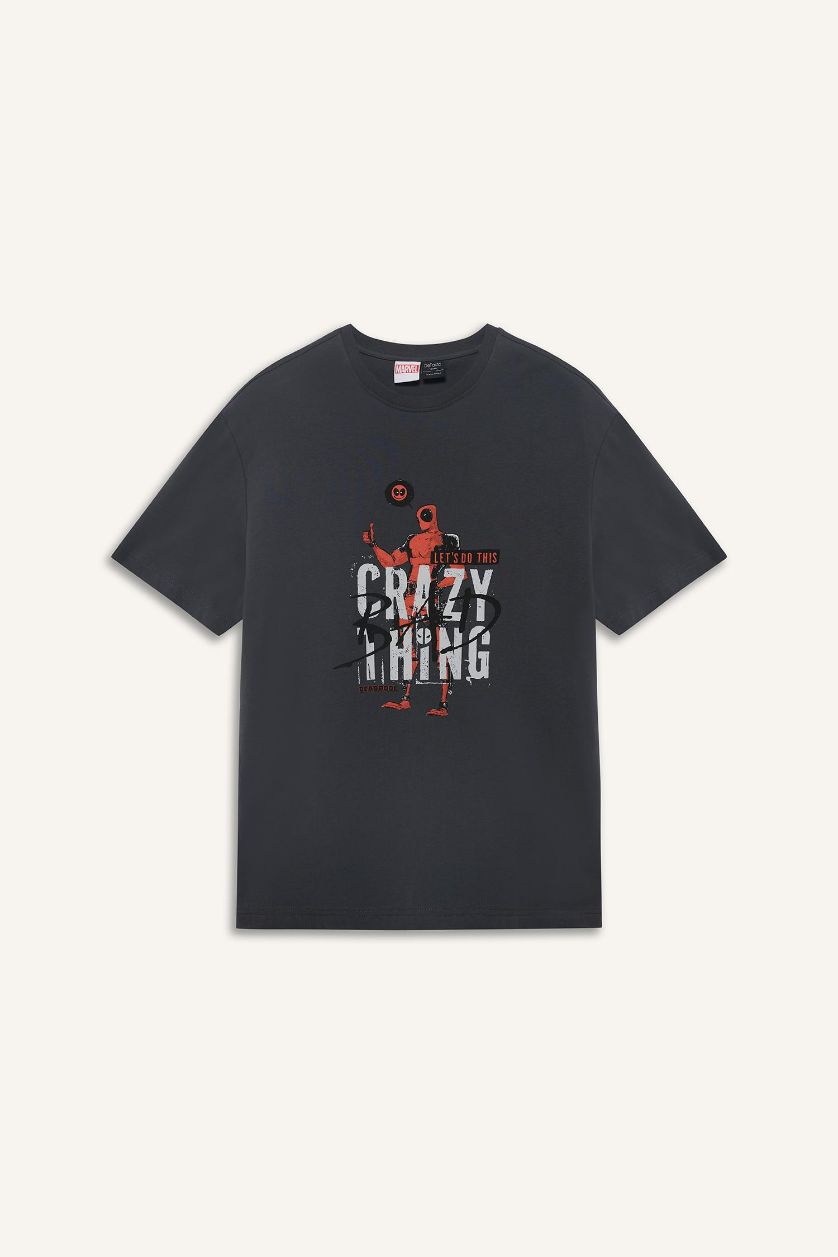 Erkek Antrasit %100 Pamuk Deadpool Regular Fit Bisiklet Yaka Kısa Kollu Tişört