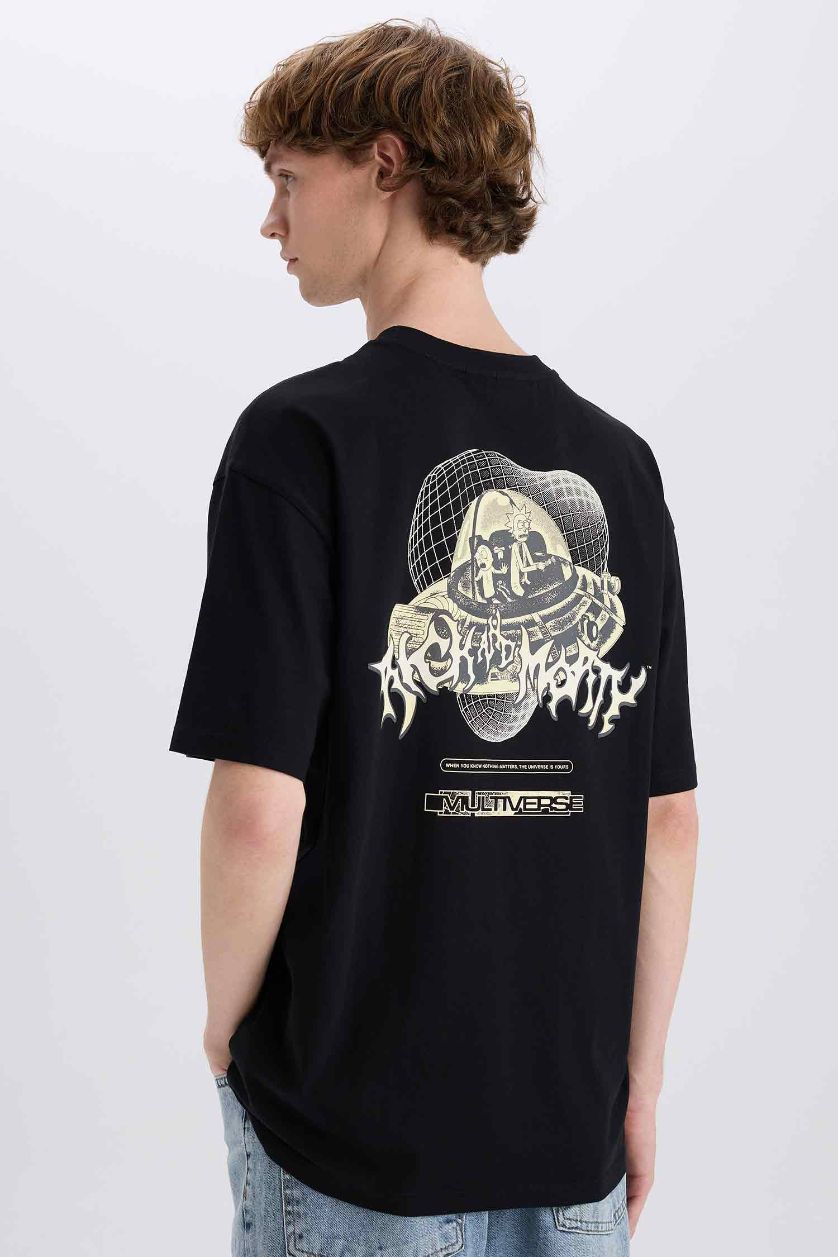 Erkek Siyah %100 Pamuk Rick and Morty Boxy Fit Bisiklet Yaka Sırt Baskılı Kısa Kollu Tişört